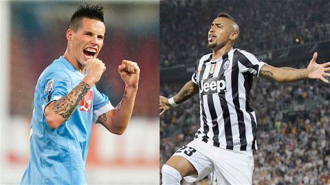 Phong độ của Hamsik (trái) và Vidal sẽ ảnh hưởng rất lớn tới thành tích của Napoli và Juve mùa này
