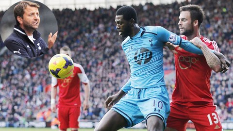 Adebayor (trái) đã có 3 bàn thắng trong 2 trận dưới quyền Tim Sherwood (ảnh nhỏ)