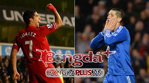 Suarez đang cười rất tươi trong khi Torres thì mếu máo
