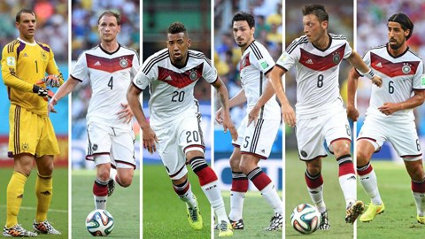 Từ bên trái qua: Neuer, Hoewedes, Boateng, Hummels, Oezil và Khedira