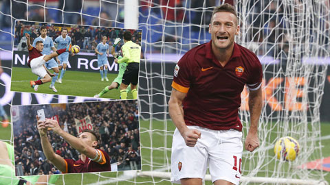 Sau khi tung chân ghi bàn thắng cực đẹp giúp Roma giật lại 1 điểm, Totti đã làm ngay một tấm ảnh selfie
