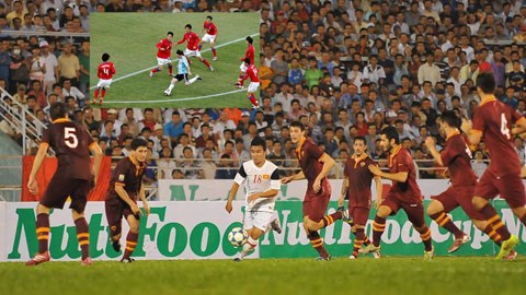 Hoàng Thanh Tùng đi bóng trong vòng vây của 6 hậu vệ AS Roma