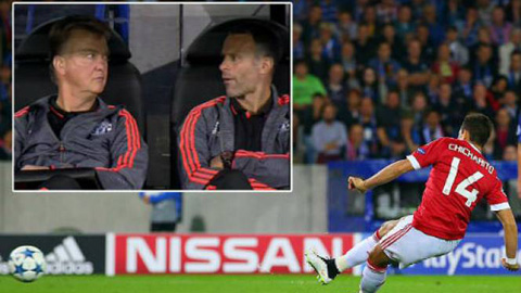 Tình huống đá hỏng penalty của Chicharito khiến HLV Van Gaal và trợ lý Ryan Giggs ngao ngán